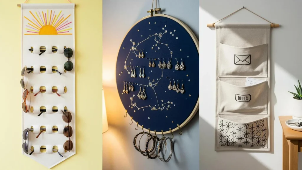 Stylish, clutter-free organization with DIY embroidery projects: wall hangers for sunglasses, jewelry, and mail.