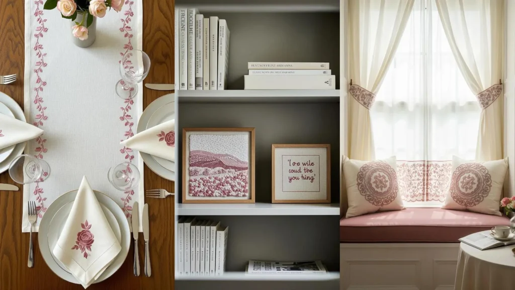 A collage of cozy room ideas with dusty rose and ivory embroidery on pillows, wall art, and a table runner.