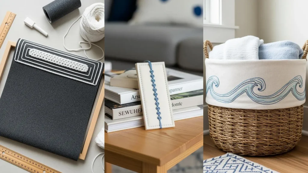 Collage of minimalist embroidery projects for living room charm, showing wall art, a bookmark, and an embroidered basket.