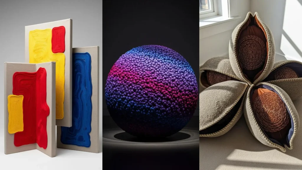 Collage of handmade sculptures for a museum, featuring colorful thread art on canvas and a large crocheted purple sphere.