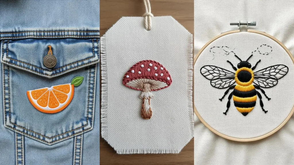 Three mini embroidery projects to finish in an evening: an orange patch, a mushroom tag, and a bee in a hoop.
