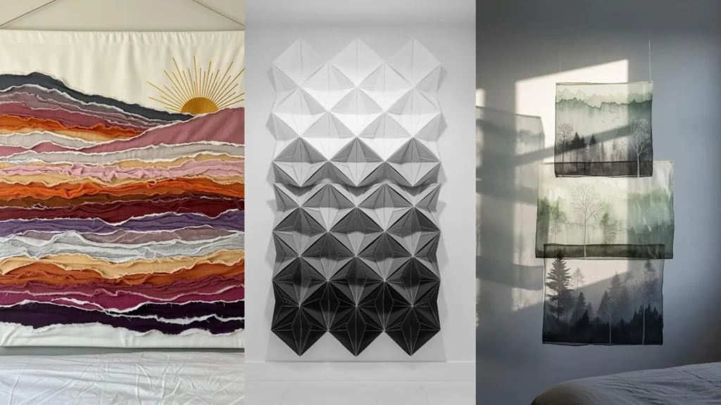 Multilayered textile wall art adds drama and depth, shown in a colorful fabric landscape and two other modern pieces.