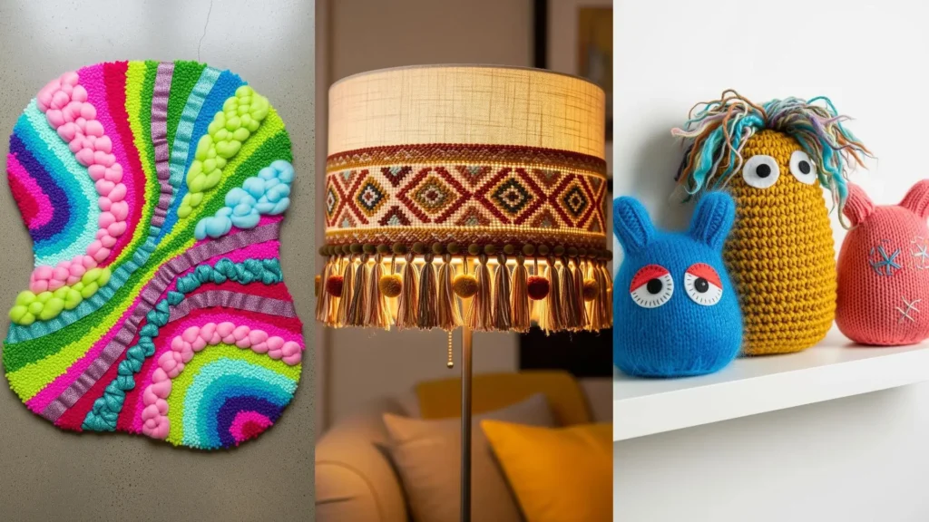Colorful mixed-fiber art projects for a playful home, including a textured wall hanging, embroidered lamp, and cute yarn toys.