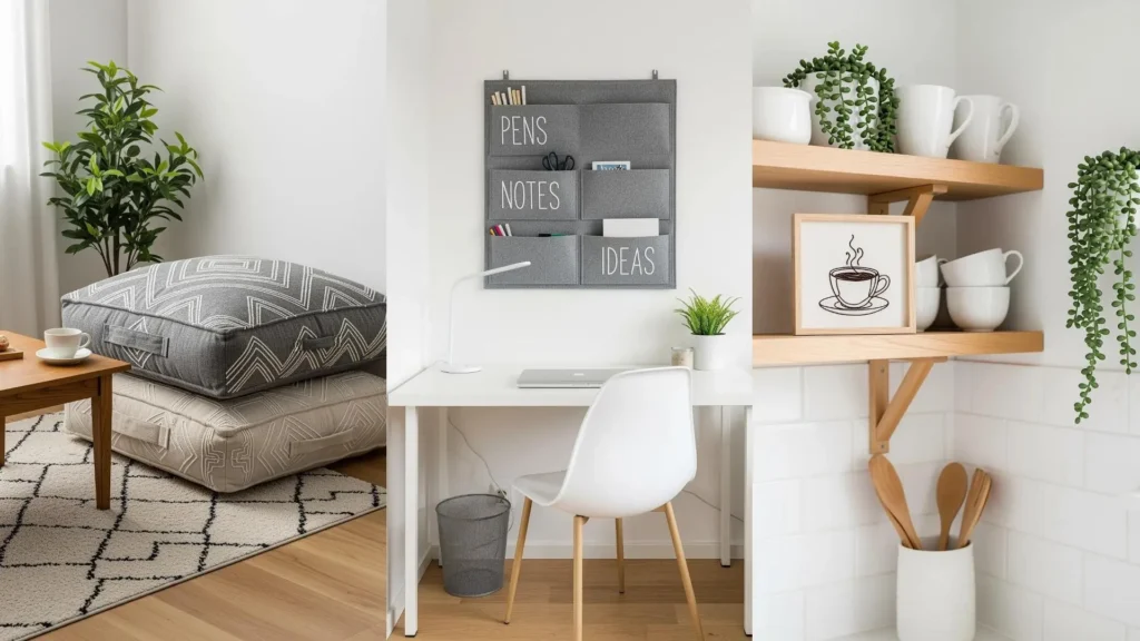 Scandinavian-style embroidery decor ideas for a small apartment, featuring embroidered pillows and wall art.