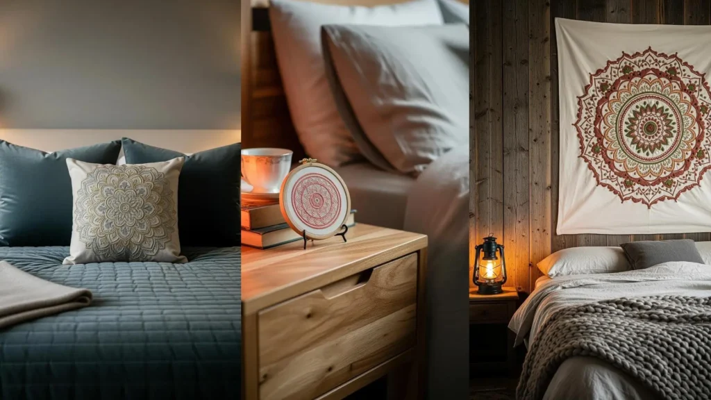 Cozy bedroom decor with soft-tone embroidery mandalas on a pillow and wall hanging, perfect for a calm bedtime routine.
