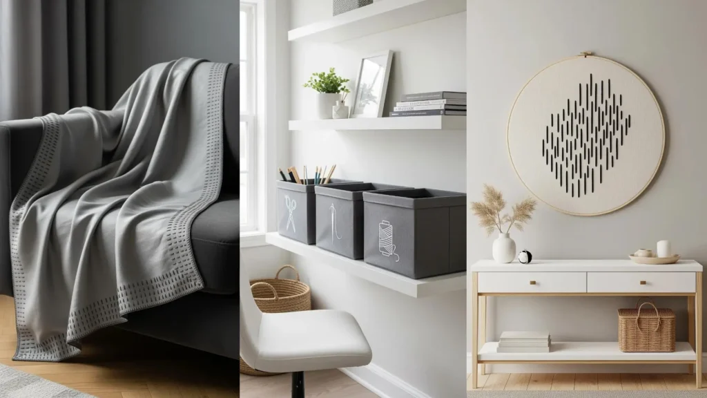 A modern home with understated embroidery projects that look expensive, including wall art in a hoop and a stitched throw blanket.