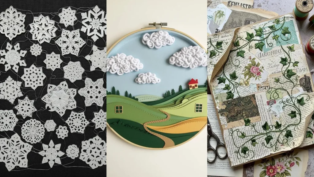 Stand-out embroidery using unique paper art techniques like a layered landscape, delicate snowflakes, and ivy on vintage paper.