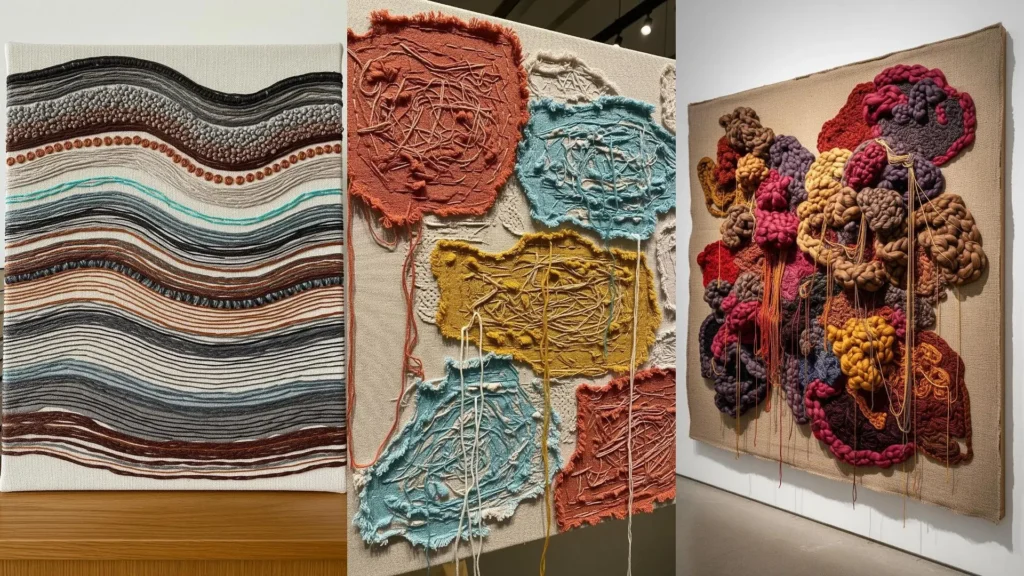 A collage of abstract thread on canvas projects, where needles create colorful, painting-like textures.