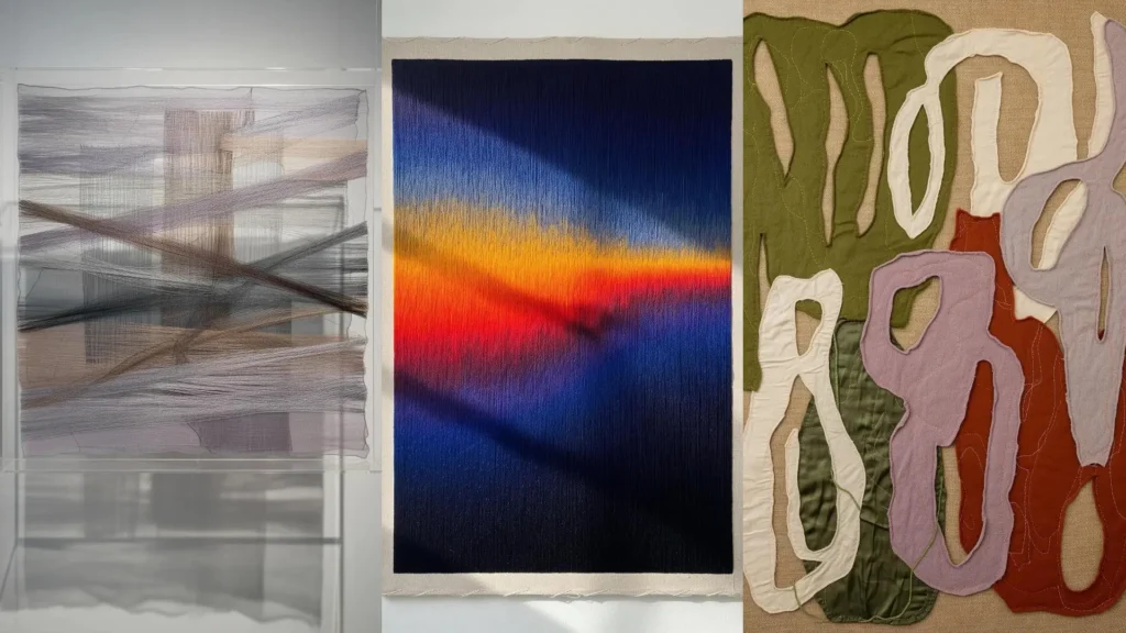 A collage of abstract thread painting ideas for mixing shades of color like a contemporary artist.