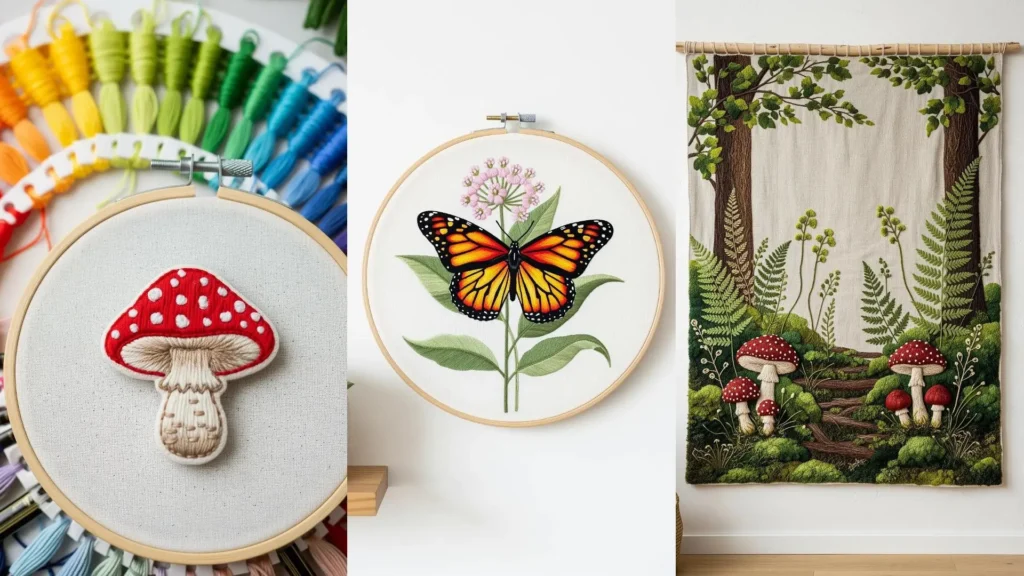 Colorful embroidery gifts inspired by nature, featuring a butterfly, a mushroom, and a forest tapestry.