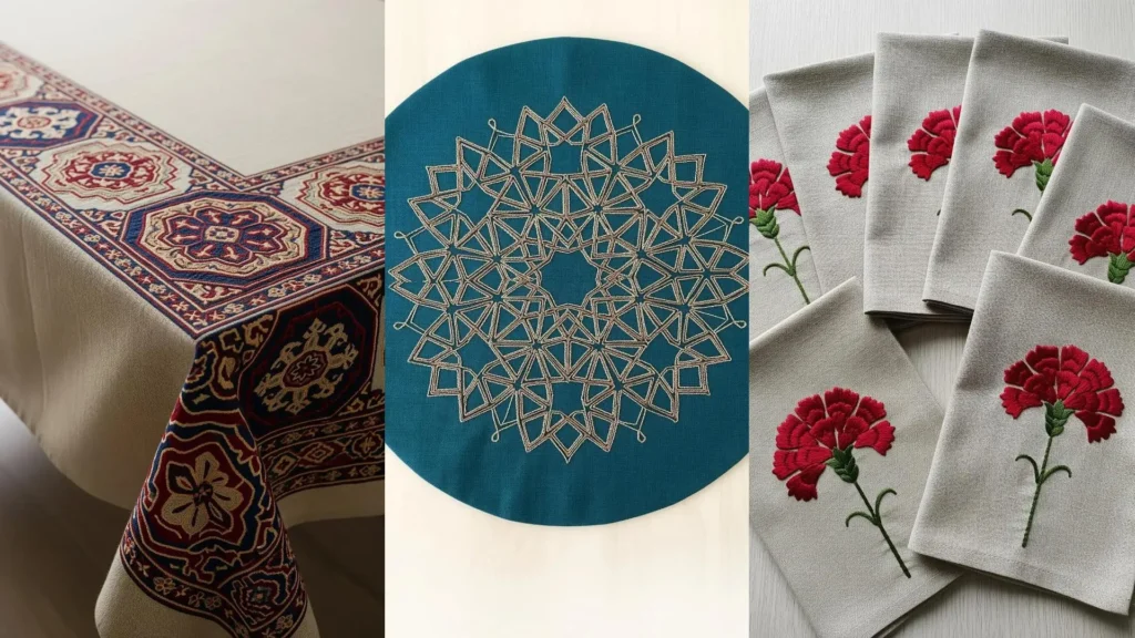 A collage of table linen with cultural embroidery inspired by Indian and Turkish art, showing floral and geometric patterns.