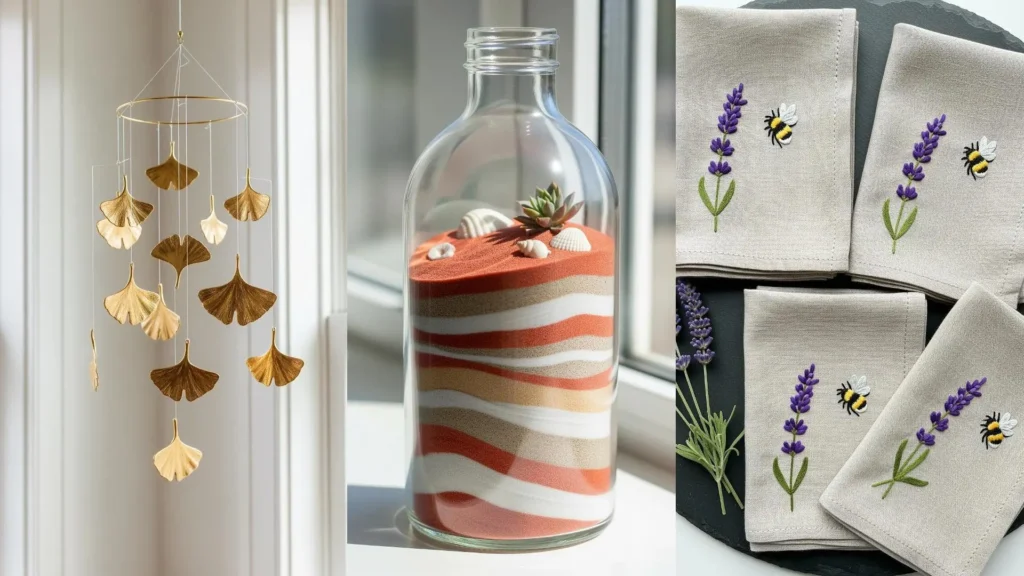 DIY art objects inspired by nature: a leaf mobile, a sand art bottle, and embroidered lavender and bee napkins.