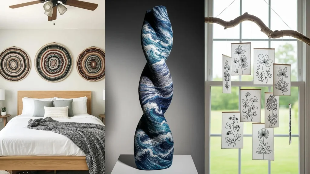 A collage of creative DIY art objects: round embroidered wall art, a wave sculpture, and a hanging floral mobile.