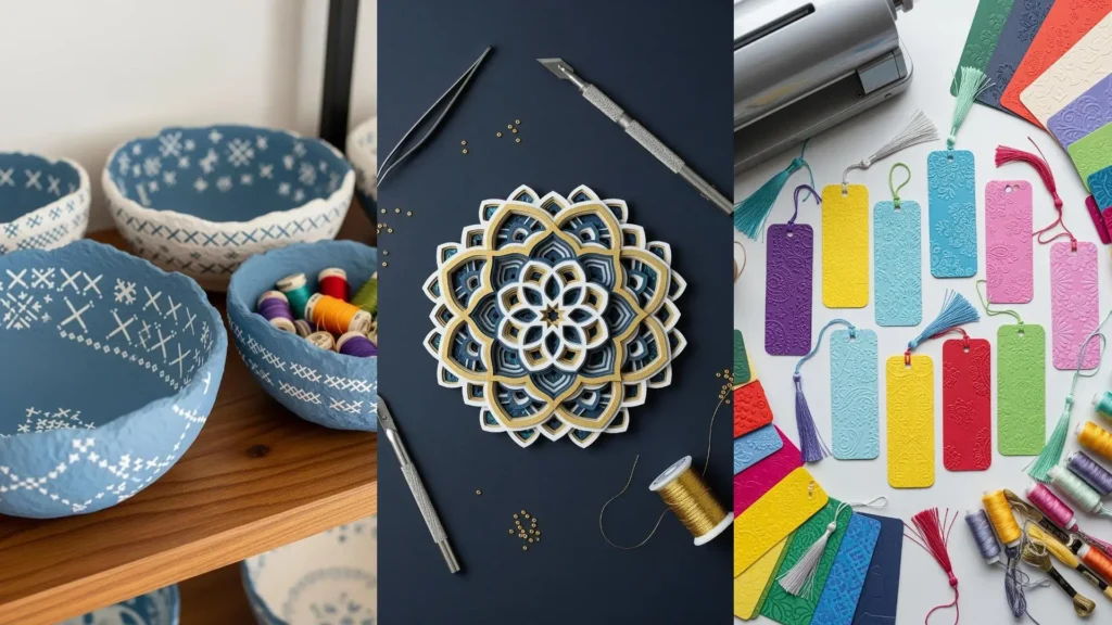 DIY paper art decorations, like bowls and bookmarks, shown with spools of thread to compliment embroidered gifts.