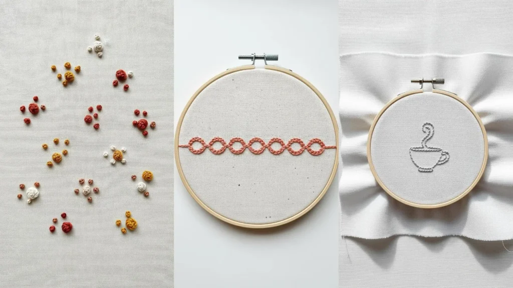 A collage of three easy-to-make embroidery designs: colorful floral knots, a linked stitch, and a coffee cup.