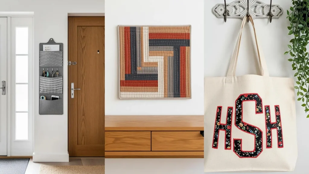 A collage of weekend fabric projects: a quilted wall hanging, an embroidered tote bag, and a door organizer.