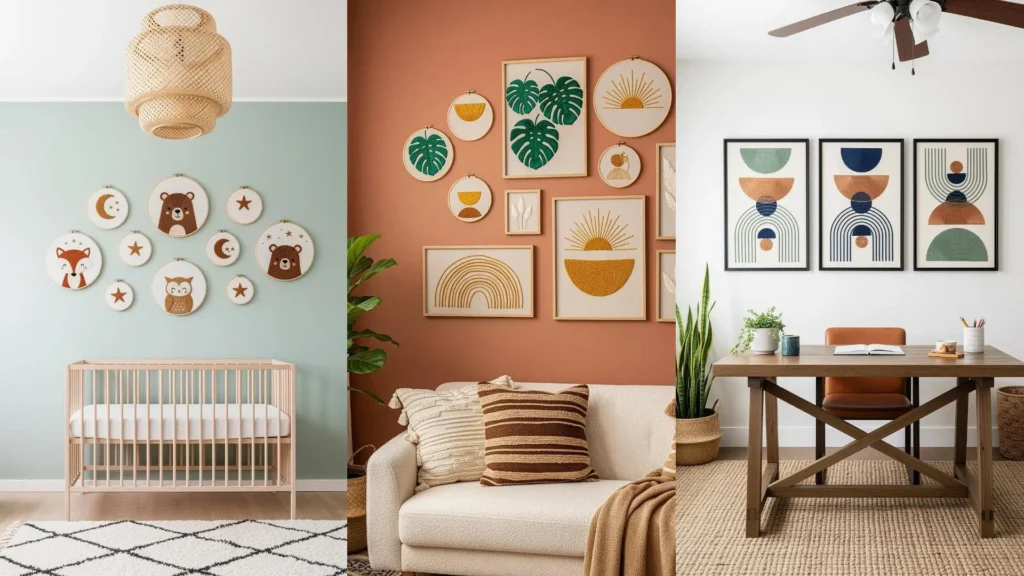 A gallery of framed embroidery wall art in boho-chic rooms, featuring sun, botanical, and abstract designs.