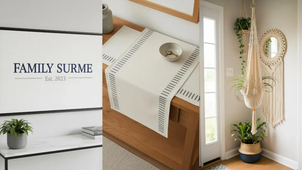 A bright, modern entryway upgraded with minimal embroidery accents on a table runner, wall art, and a hanging planter.