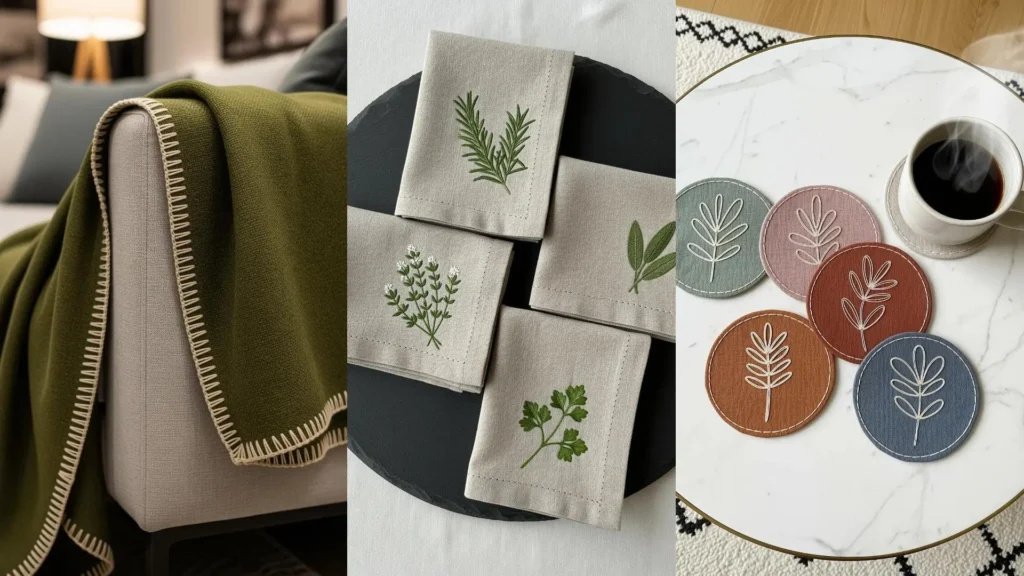 Minimalist embroidery projects for modern home decor, like a stitched blanket, herb napkins, and leaf-design coasters.