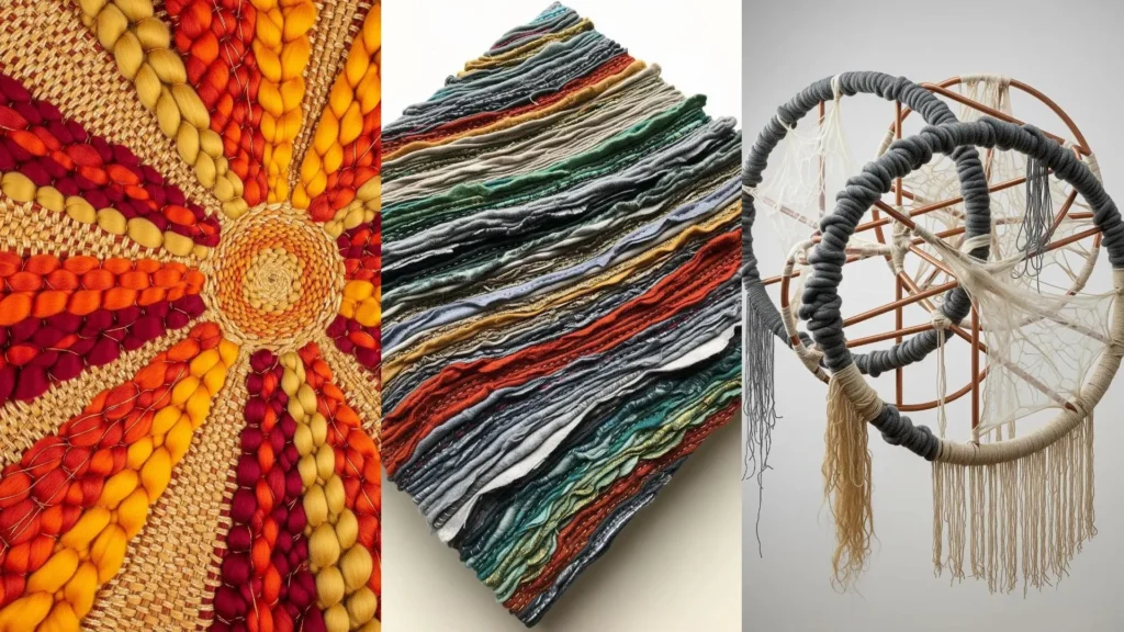 Mixed-fiber art designs with abstract patterns, from a woven, sun-like tapestry to a modern, sculptural piece.