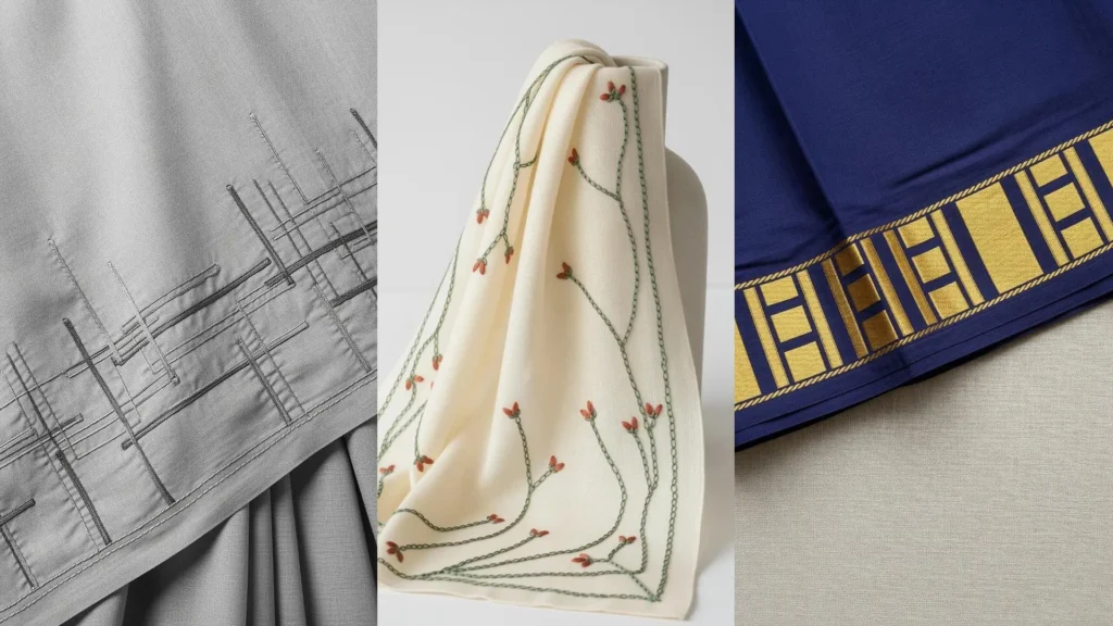 A collage of modern, minimal border designs on sarees and scarves, featuring geometric and floral embroidery.