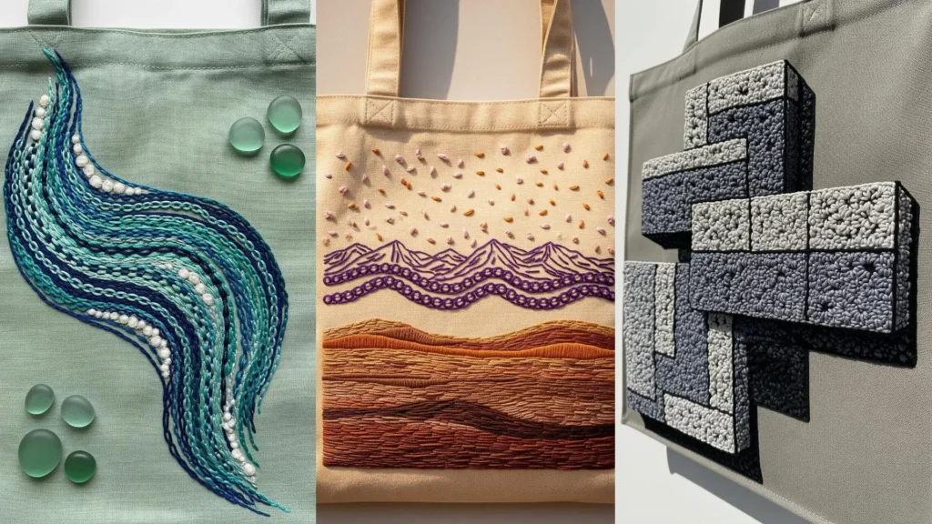 Three tote bags are transformed with modern abstract thread designs, including a blue wave and a 3D geometric pattern.