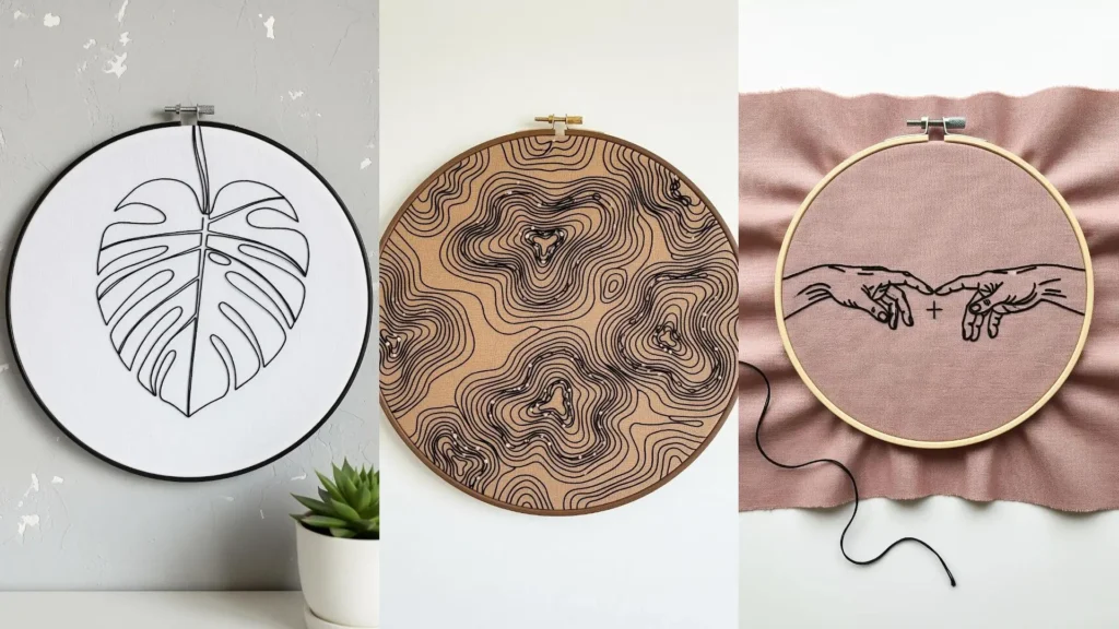 Three embroidery hoops with minimalist, monochrome black thread designs: a monstera leaf, a map, and hands touching.