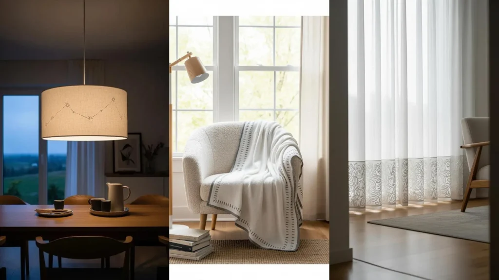 A minimalist home with zen-style calm, featuring natural cotton thread projects like an embroidered lamp and throw.