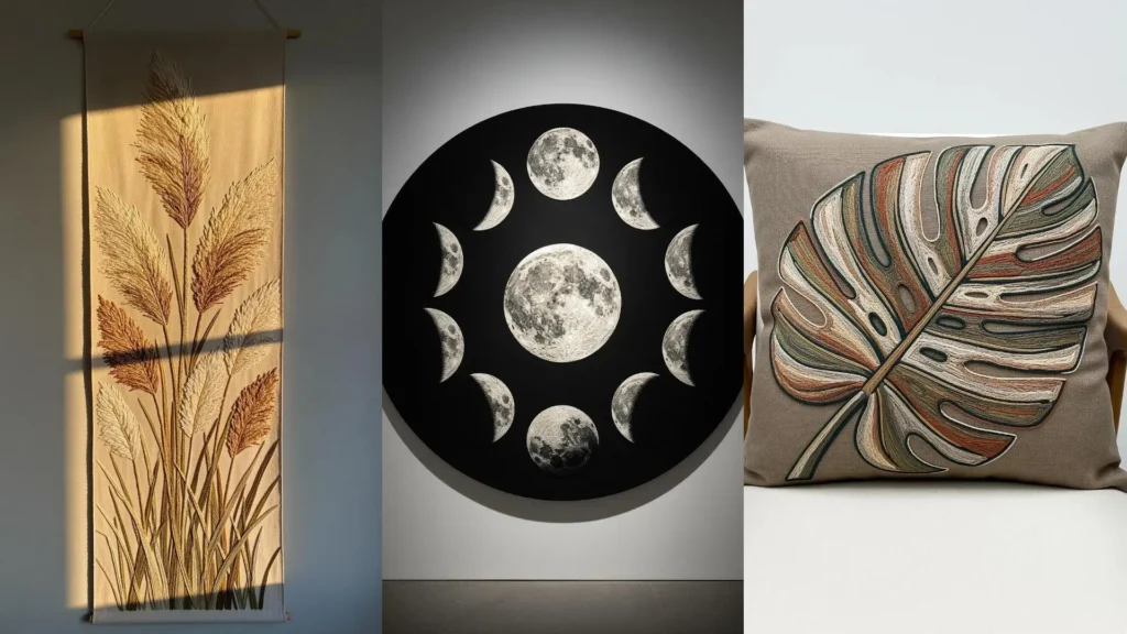Impactful neutral color embroidery patterns, including a pampas grass wall hanging, moon phases art, and a leaf pillow.