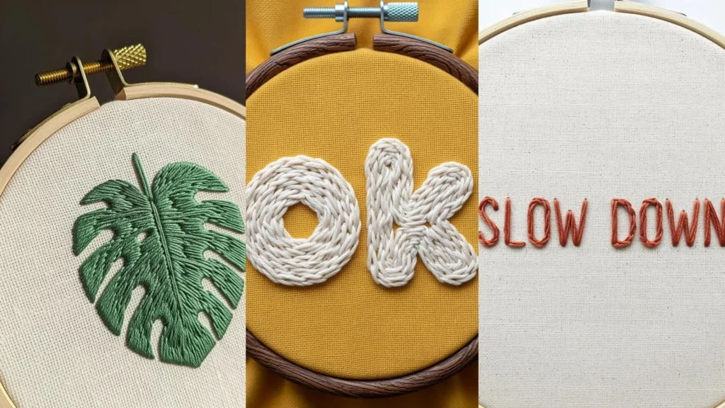 Three small embroidery hoops with mood-enhancing designs: a green leaf icon, a chunky "OK," and the quote "SLOW DOWN."