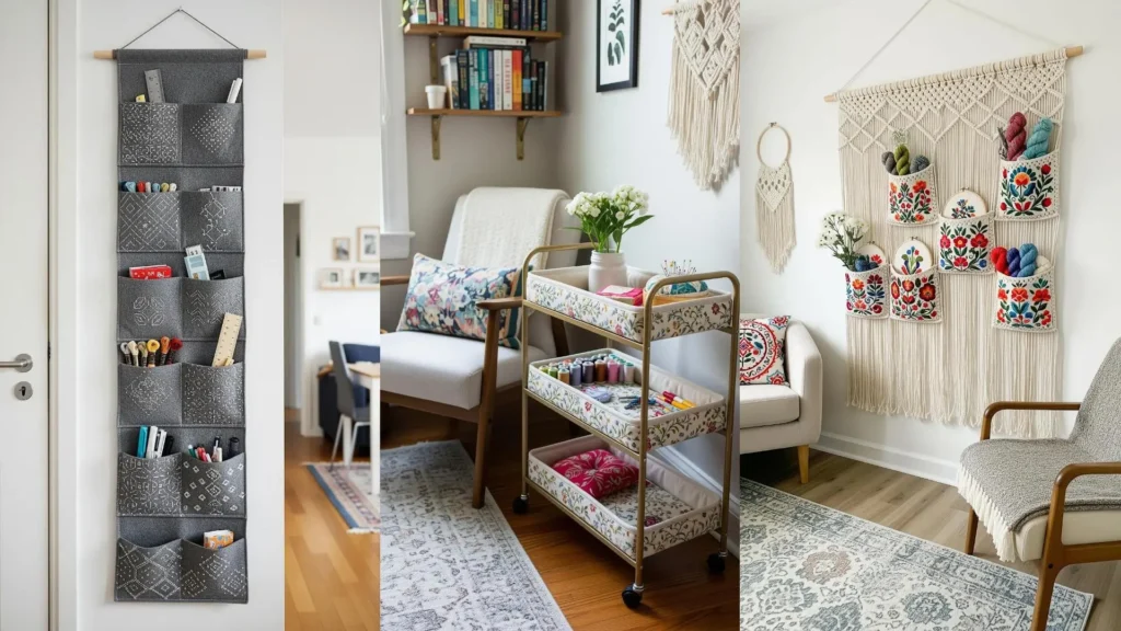 Smart embroidery storage that looks like decor in a tiny apartment, with a rolling cart and hanging wall organizers.