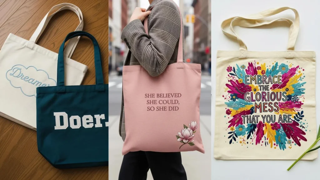A collage of tote bags featuring empowering embroidery quotes that inspire confidence.