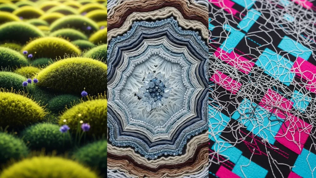 Close-up details of 3D textured embroidery. Abstract thread layering creates unique, mind-bending designs.