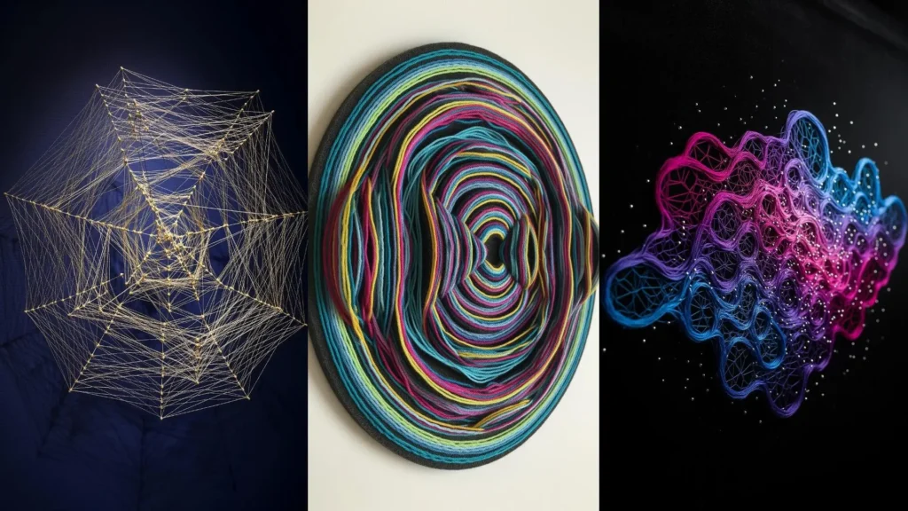 A collage of colorful, abstract thread sculpt designs. The miniature art stands off the canvas in intricate, 3D forms.