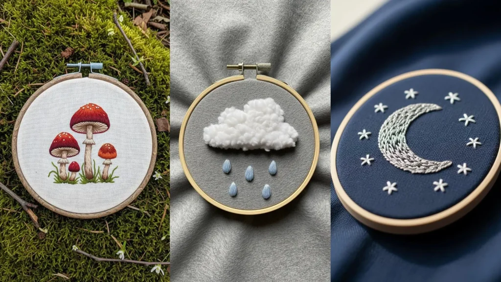 A collage of three adorable mini embroidery ideas for handmade gifts: a mushroom, a rain cloud, and a crescent moon.