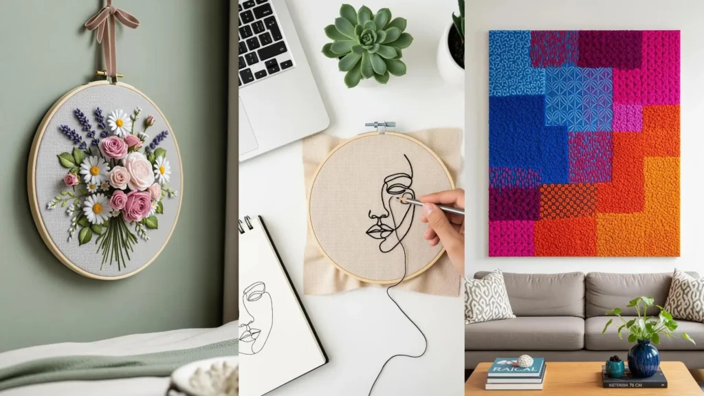A collage of aesthetic embroidery projects for your blank walls, including floral, abstract, and line art designs.