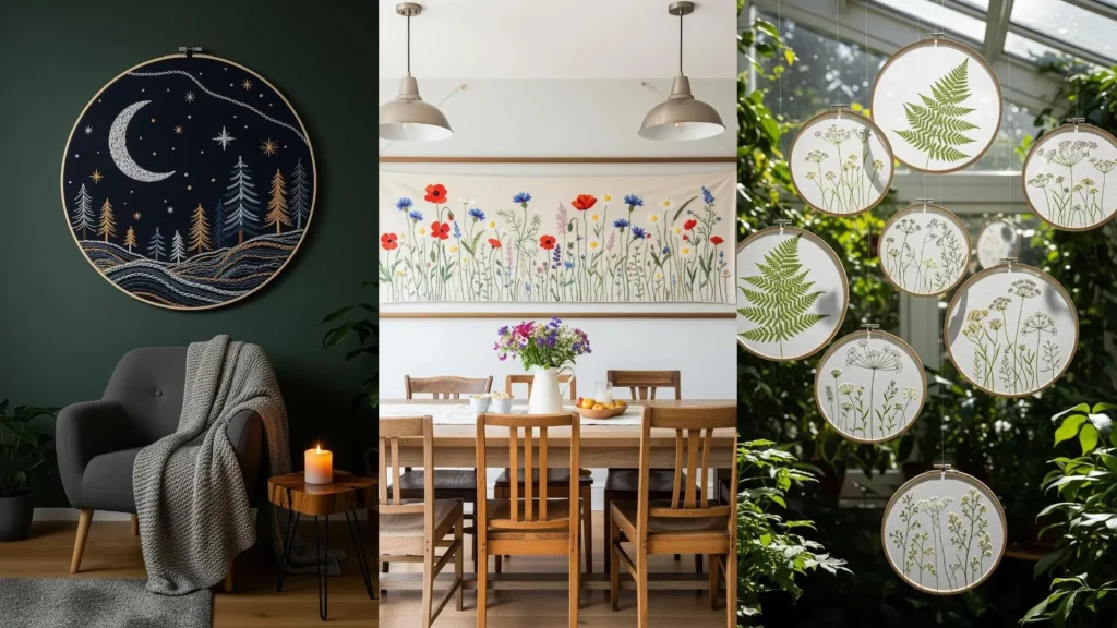 A collage of embroidery wall decor ideas, including a moonlit scene and florals, for a cozy, cottage-core aesthetic.