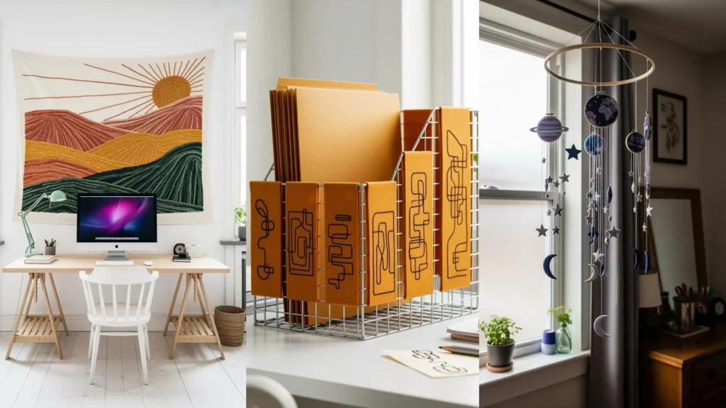 A collage of embroidery decor ideas for a stylish workspace, like a wall tapestry, file holder, and hanging mobile.