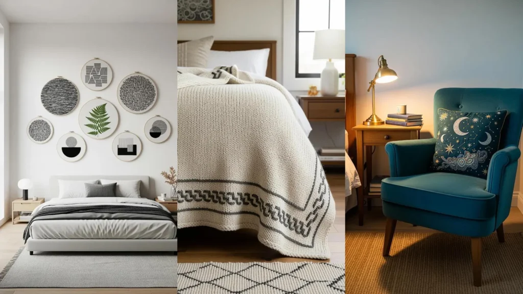 An artistic bedroom haven transformed with embroidery ideas like modern hoop art and a cozy celestial-embroidered pillow.