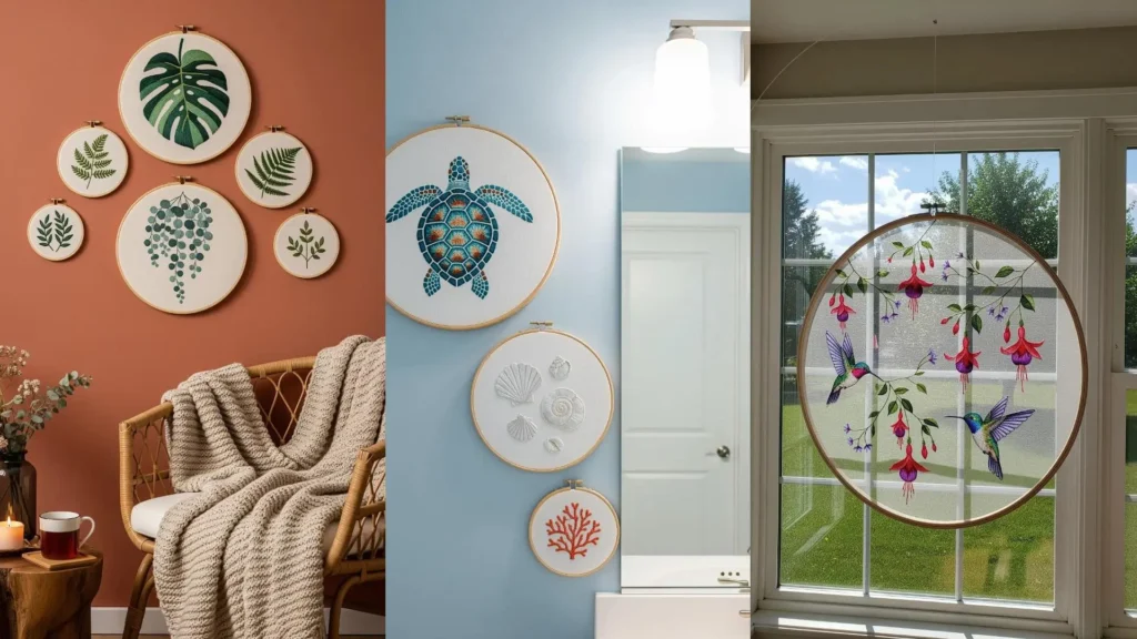 A collage of embroidery wall hoops decorating blank spaces with plant, coastal, and hummingbird designs.