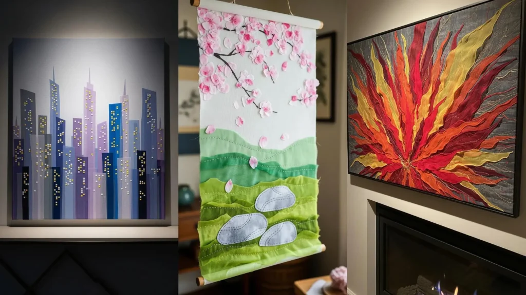 Fabric collage embroidery projects with sheer fabrics for dreamy effects: a cityscape, cherry blossoms, and an abstract piece.