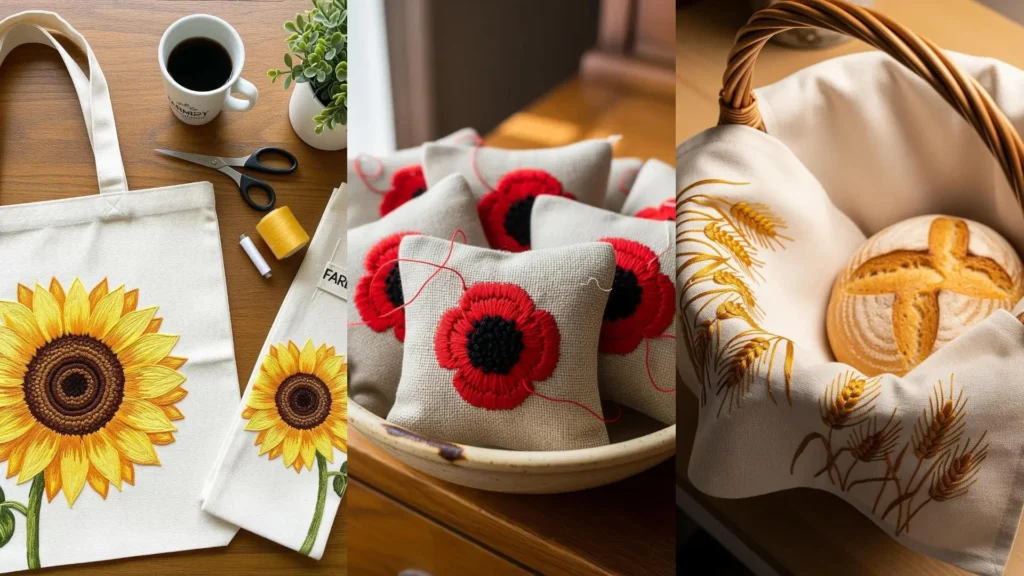Floral embroidery ideas for repurposing linens, showing a sunflower tote, poppy sachets, and a bread basket.