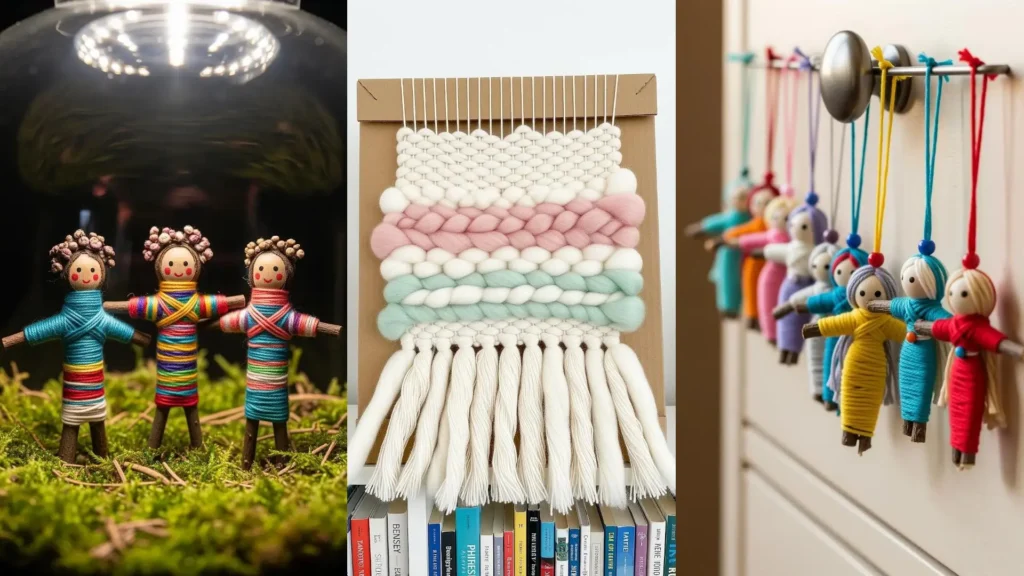 Handmade objects to craft with kids this weekend: a collage of colorful yarn dolls and a mini weaving project.