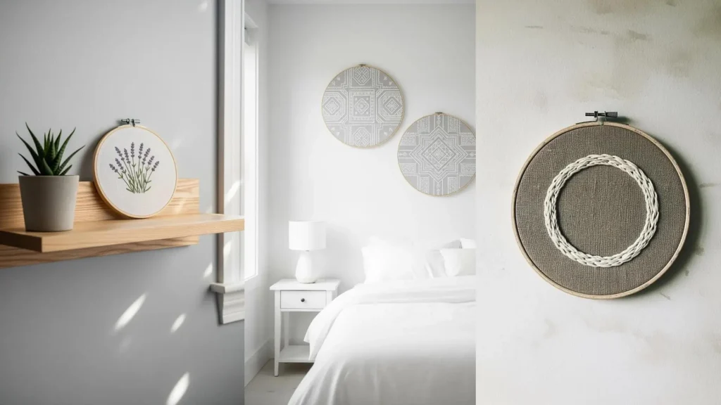 A collage showing minimalist embroidery hoops as wall art, transforming a simple bedroom into a peaceful retreat.