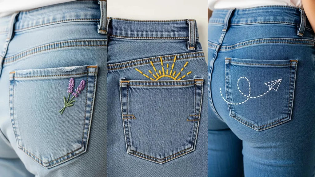 A close-up of three minimalist embroidery ideas on the back pockets of blue jeans: lavender, a sun, and a paper plane.
