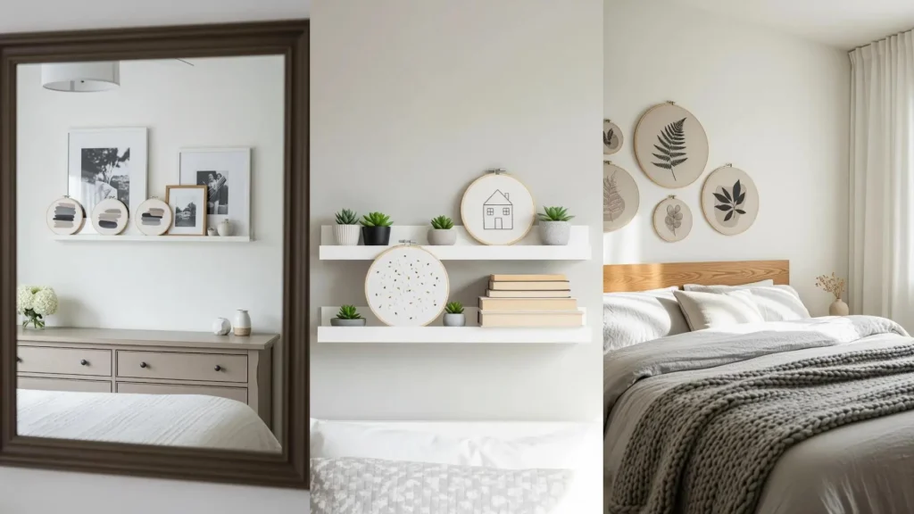 A serene bedroom featuring neutral-tone embroidery hoop designs as wall art and shelf decor.