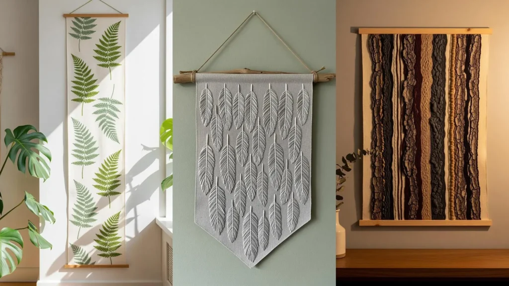 A wall display of organic embroidery textures for beginner crafters, featuring ferns, feathers, and bark.