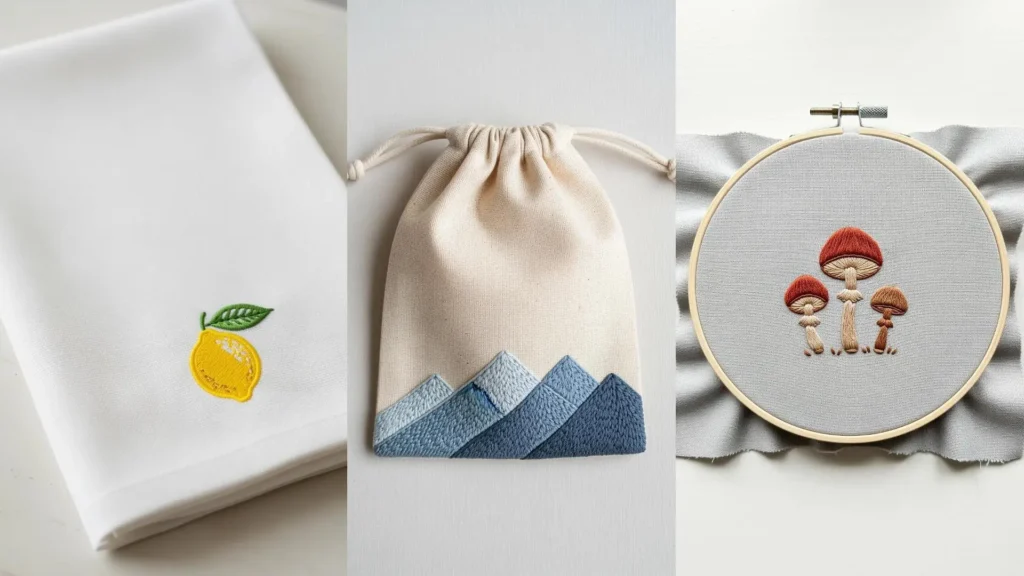 A collage of quick embroidery projects for home decor, showing a lemon on a napkin, mountains on a bag, and mushroom art.