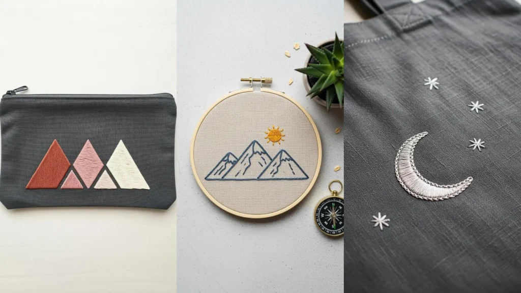 A pouch and tote bag decorated with charming small stitches, featuring simple mountain and moon embroidery designs.