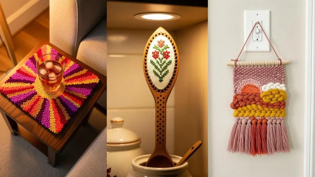 A collage of tiny artistic crafts, including weaving and cross-stitch, that add personality to any corner of a home.